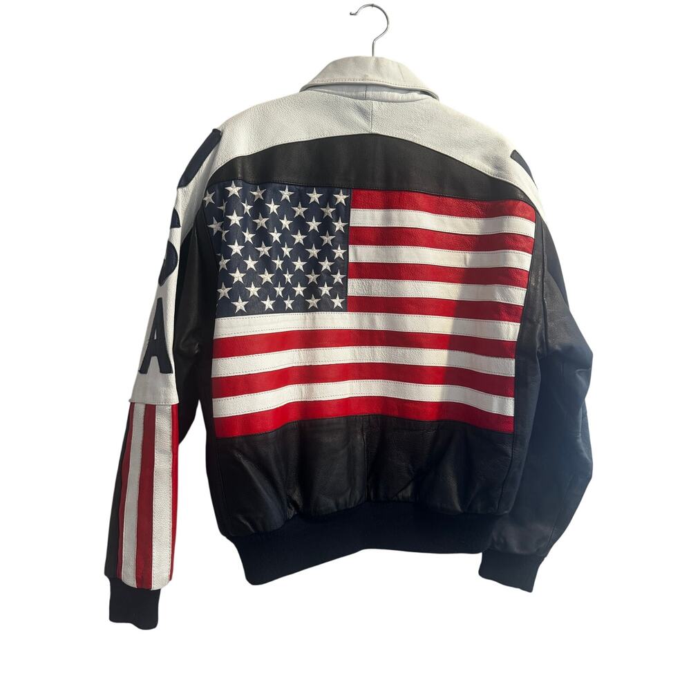 Vintage Michael Hoban 90s Leather Bomber Jacket USA American Flag Mens Med